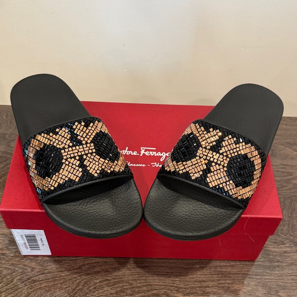 Salvatore Ferragamo Black and Gold Cristal Patterned Sandals. Authentic. Size 9